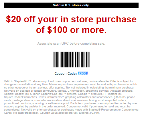 Staples 20 Off 100 In Store Code Slickdeals Net