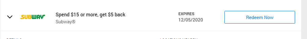 Amex Offer - Spend $15+ at Subway (single purchase), get a $5 statement credit (select cardholders)