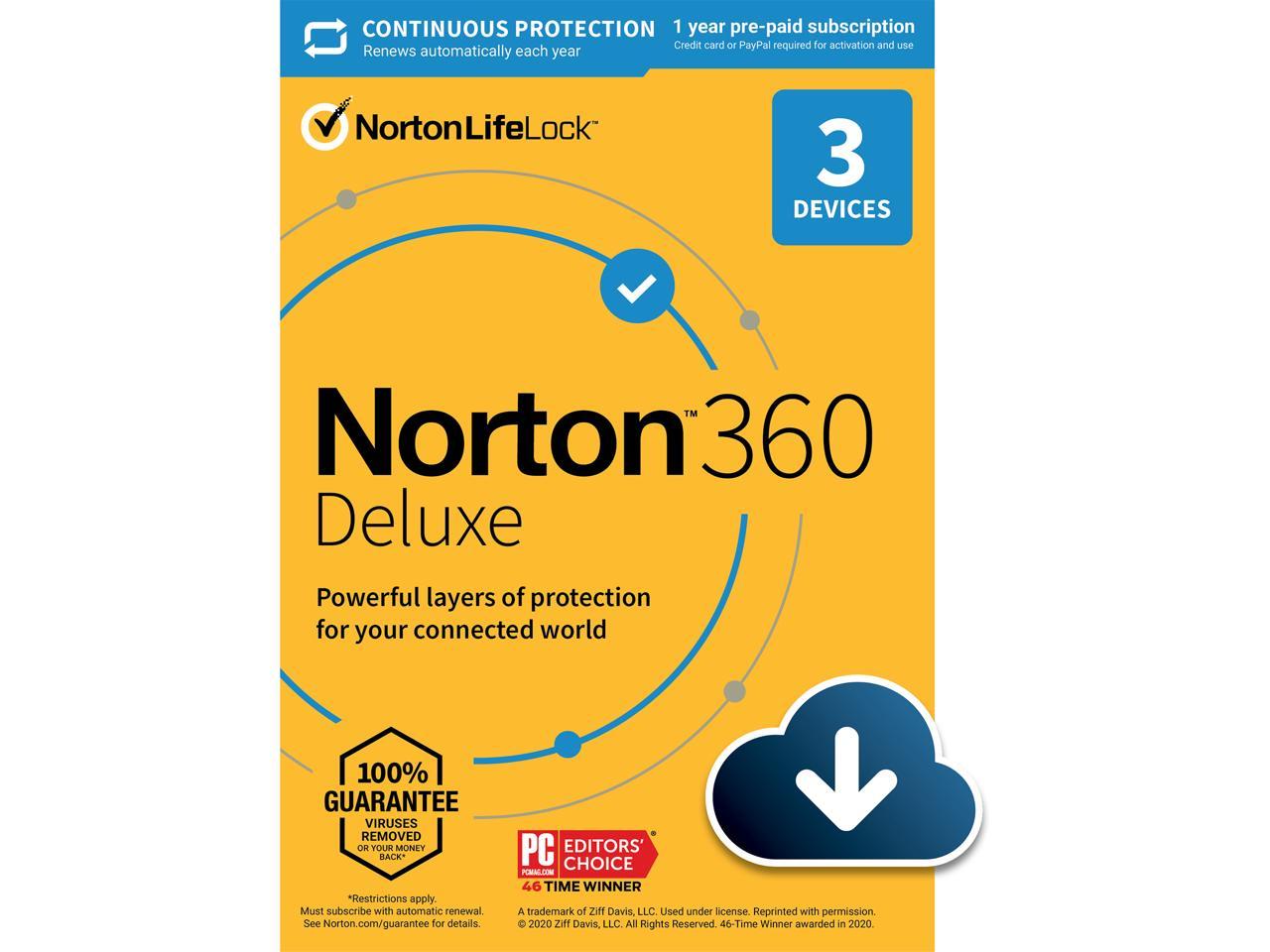 Norton 360 Deluxe 2021 - Antivirus software for 3 Devices with Auto Renewal - Includes VPN, PC Cloud Backup & Dark Web Monitoring (DL) @Newegg $13