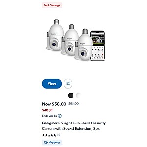 Energizer 2K Light Bulb Socket Security Camera with Socket Extension, 3pk. $58