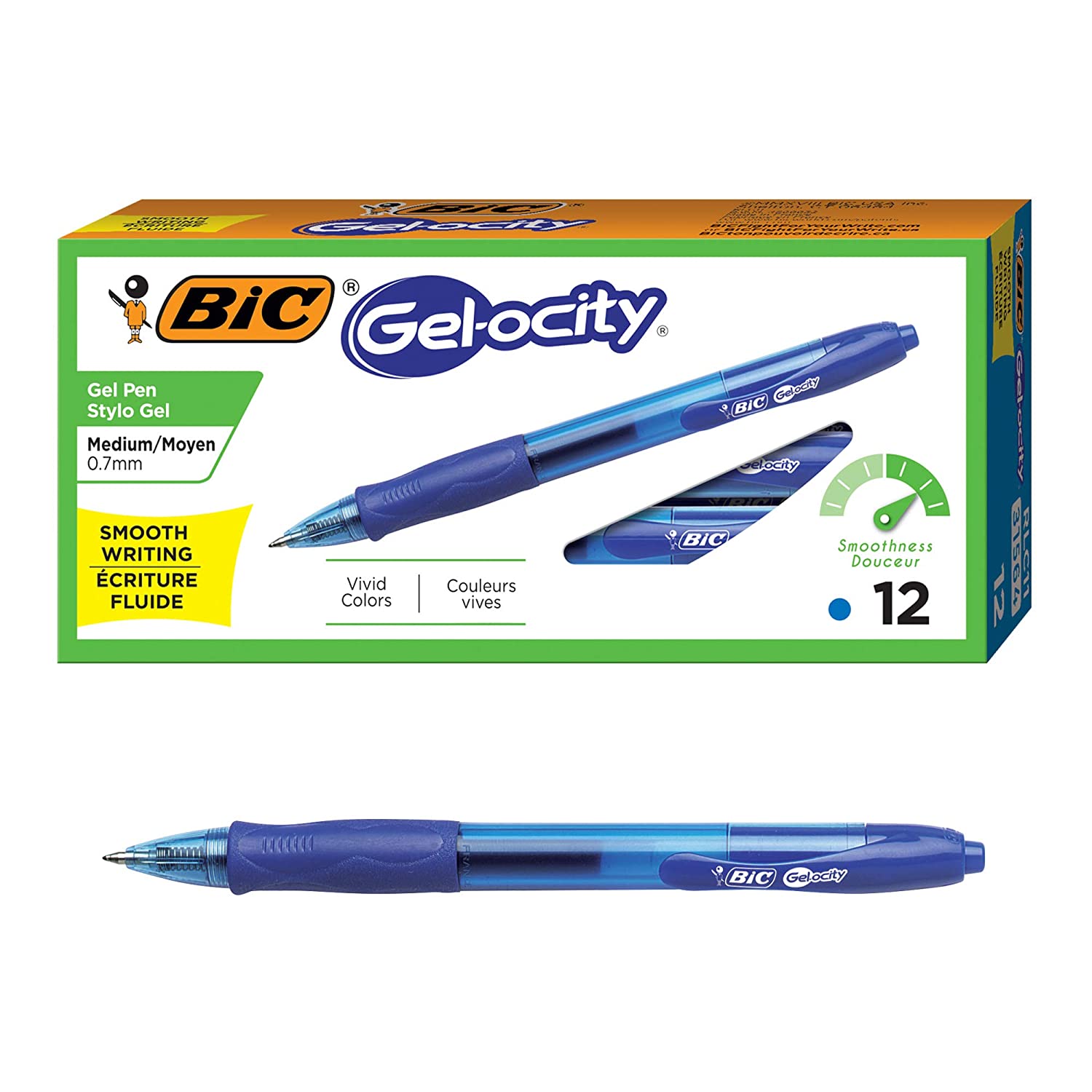 BIC Gel-ocity Original Retractable Gel Pen, Medium Point (0.7 mm), Blue, 12-Count $5.98