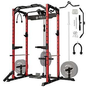 Mikolo Power Rack Cage Gym Equipment: LAT Pulldown System, Squat Rack w/ 13-Level Adjustable Height &J-Hooks, Dip Bars, T-Bar (Red,1200-Lbs) $299.98 + Free Shipping
