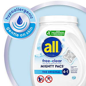 all Mighty Pacs Laundry Detergent Pacs, Free Clear for Sensitive Skin, Unscented and Dye Free, 19 Count  $4.97 get $2.25 Walmart Cash  Lim 1