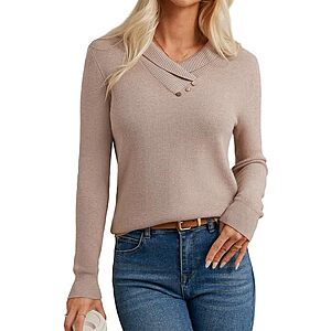 Grace Karin Long Sleeve V Neck Collared Sweater (Various Colors) $10