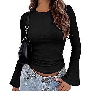 Zeagoo Bell Sleeve Crewneck Fitted Ribbed Knit T-Shirt (Various) $6 