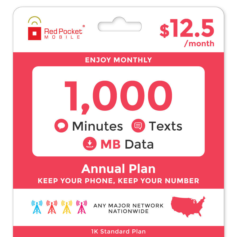 1-Year Red Pocket Prepaid Mobile Phone SIM Kit w/ 1000 Talk/Texts/MB Data  $150 + Free Shipping