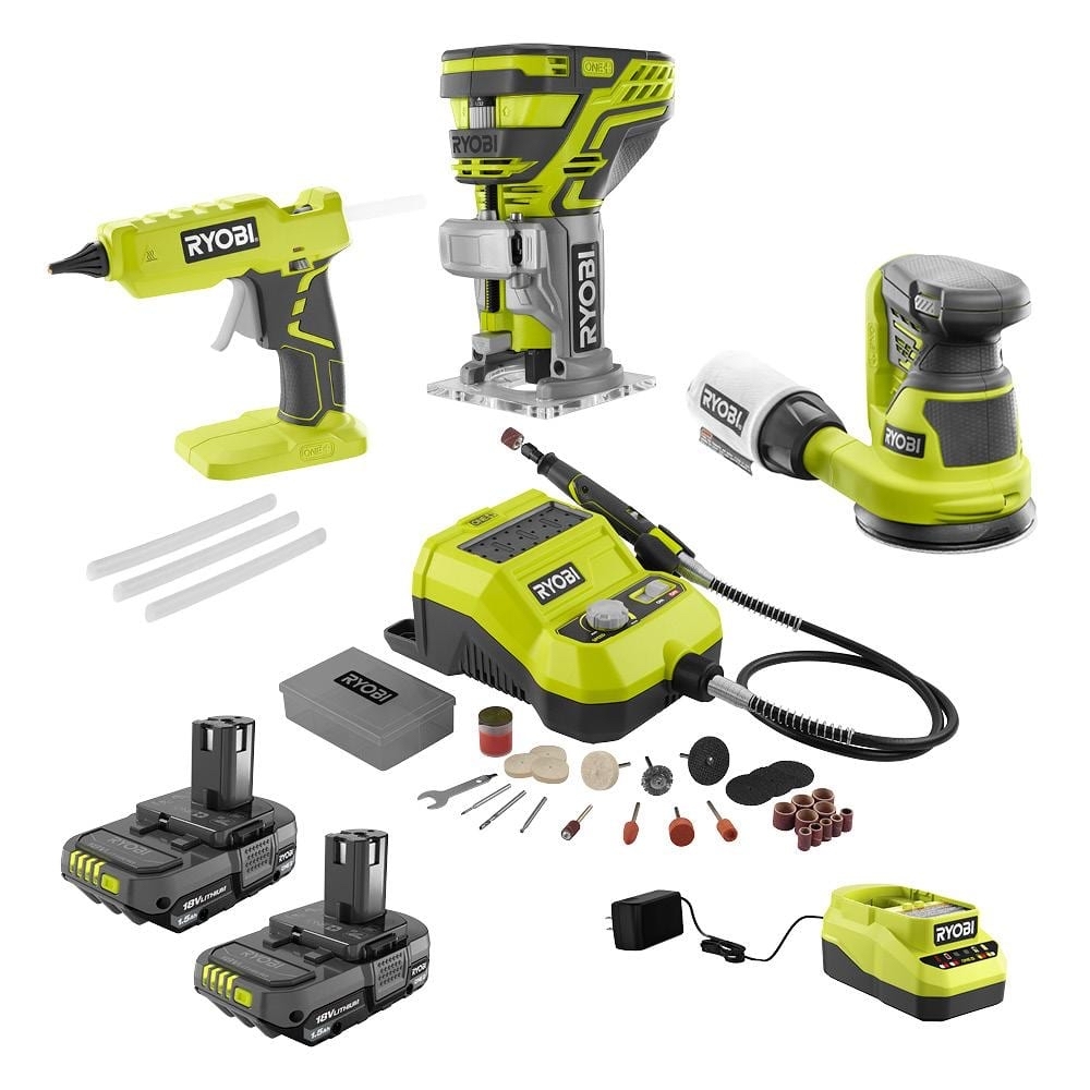 RYOBI ONE+ 18V Cordless 4-Tool Hobby Compact Kit with (2) 1.5 Ah Batteries and Charger PCL1401K2N+ FREE GIFT selection - $159