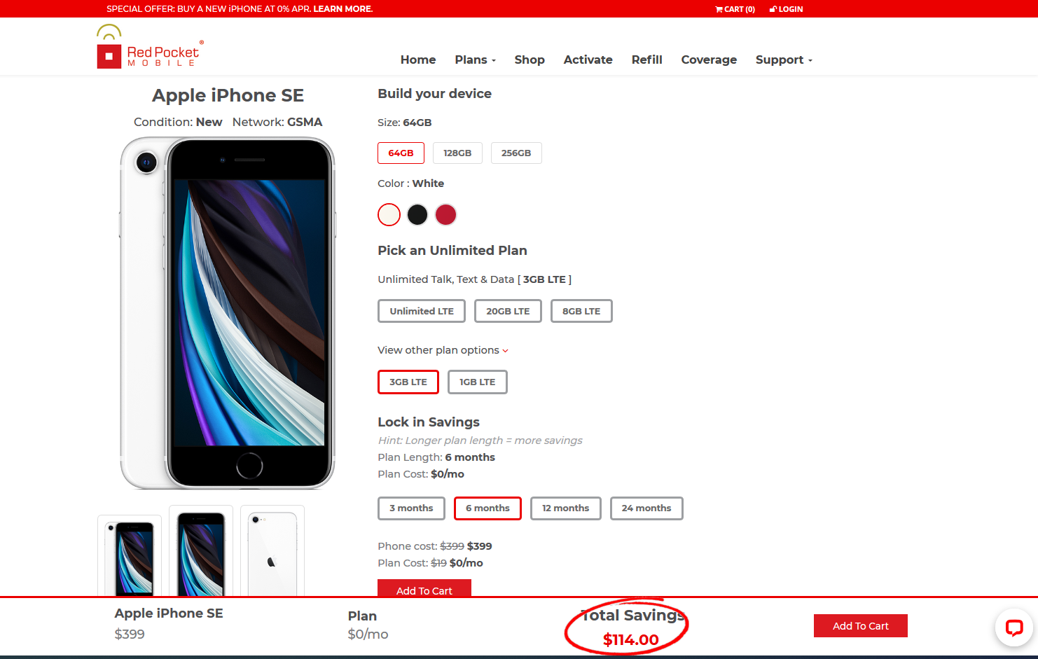 iPhone SE (64 GB) and 6 mo. of 3 GB/mo data, unlimited talk & text: $399 at RedPocket $399.02