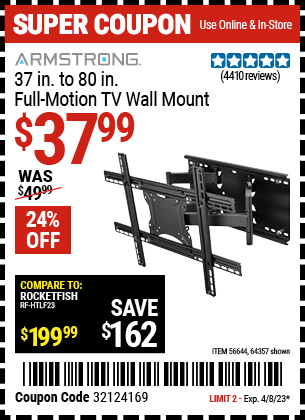 ARMSTRONG 37 in. to 80 in. Full-Motion TV Wall Mount $37.99