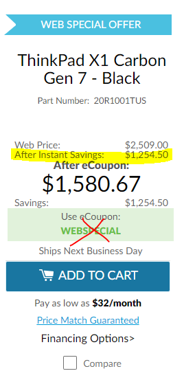 ThinkPad X1 Carbon Gen 7 - i7 16G 1T SSD 4K IPS [Corp Perks] $1254.5