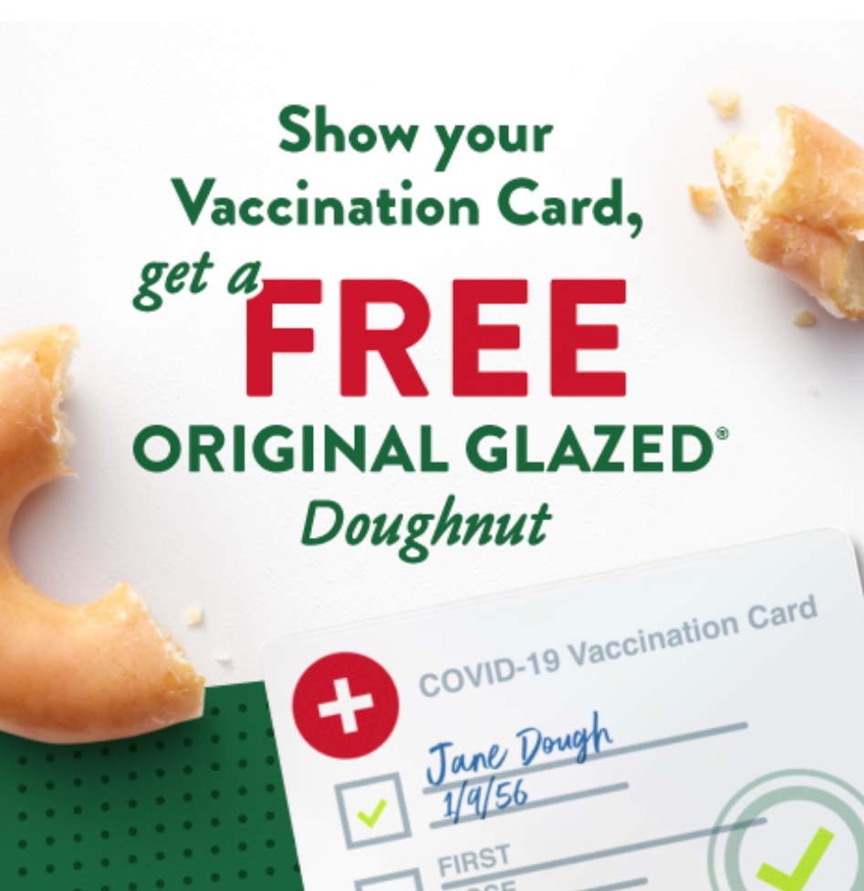 Free Krispy Kreme doughnut for showing COVID-19 Vaccination Card