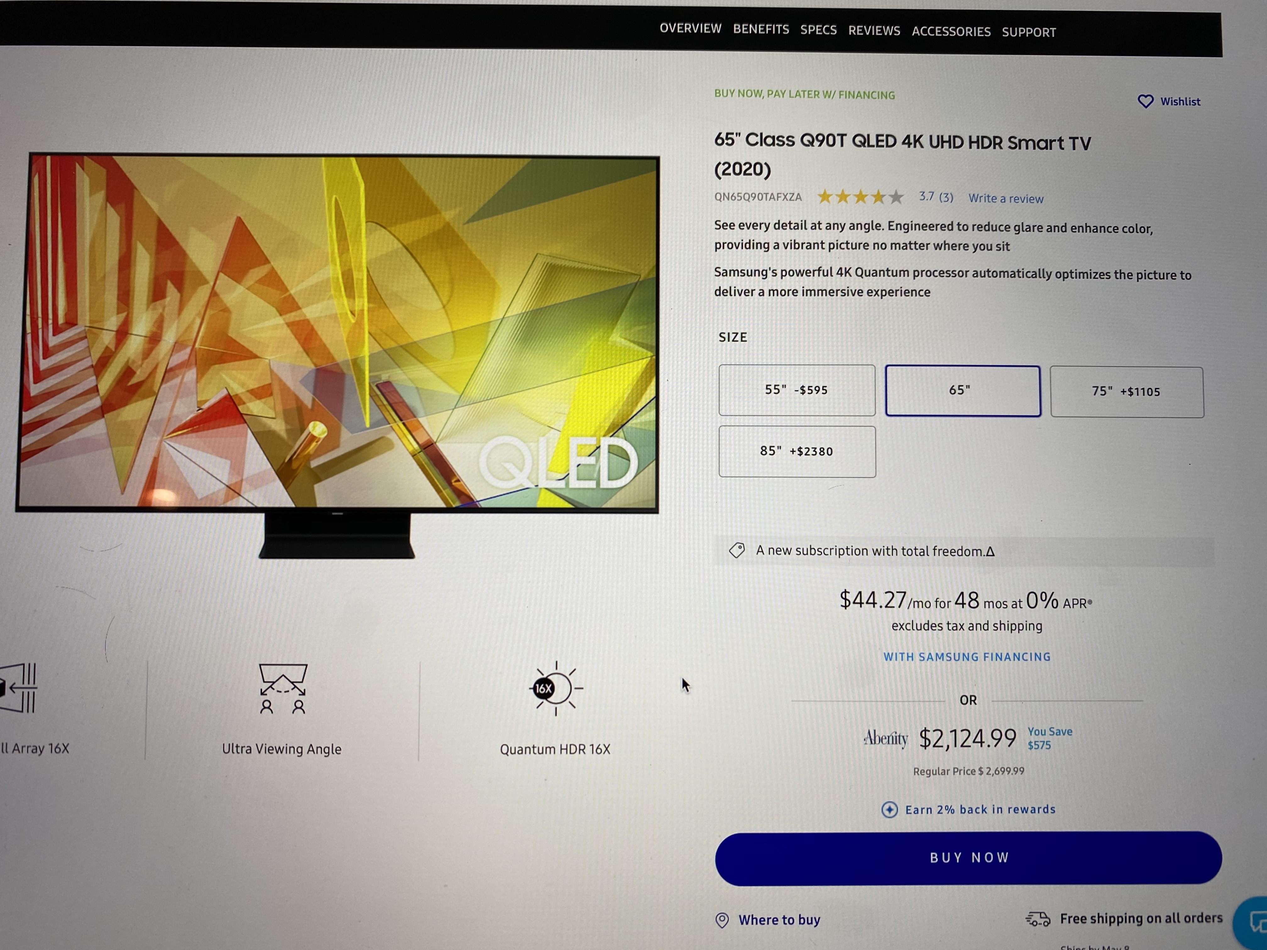 65" Class Q90T QLED 4K UHD HDR Smart TV (2020) - $2,124.99 @ Samsung w/ Abenity discount