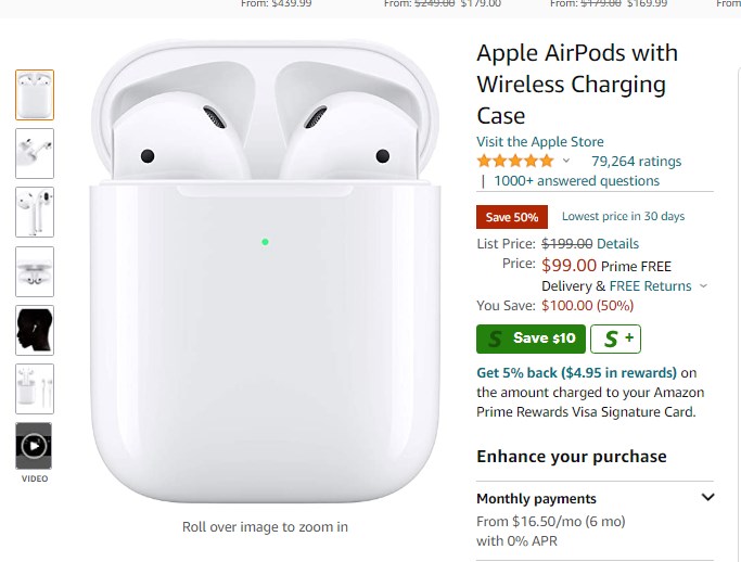 Apple AirPods (2nd Gen) with Wireless Charging Case - $99 Free shipping for Prime Member