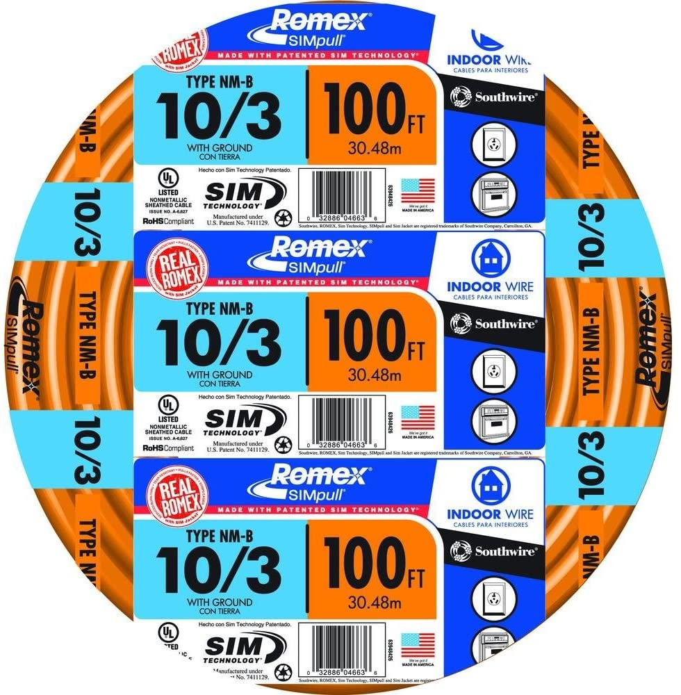 Southwire 63948426 100' 10/3 with ground Romex brand SIMpull residential indoor electrical wire type NM-B, Orange - Electrical Wires - Amazon.com $103.39