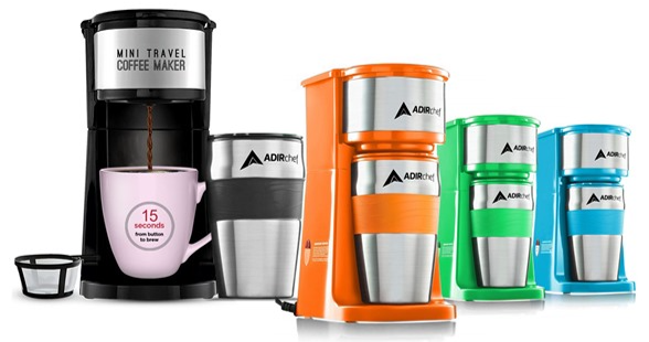 AdirChef Single Serve Mini Travel Coffee Maker & 15oz Travel Mug, Pick Color For $16.99 @ Woot. Free Shipping with Amazon Prime.