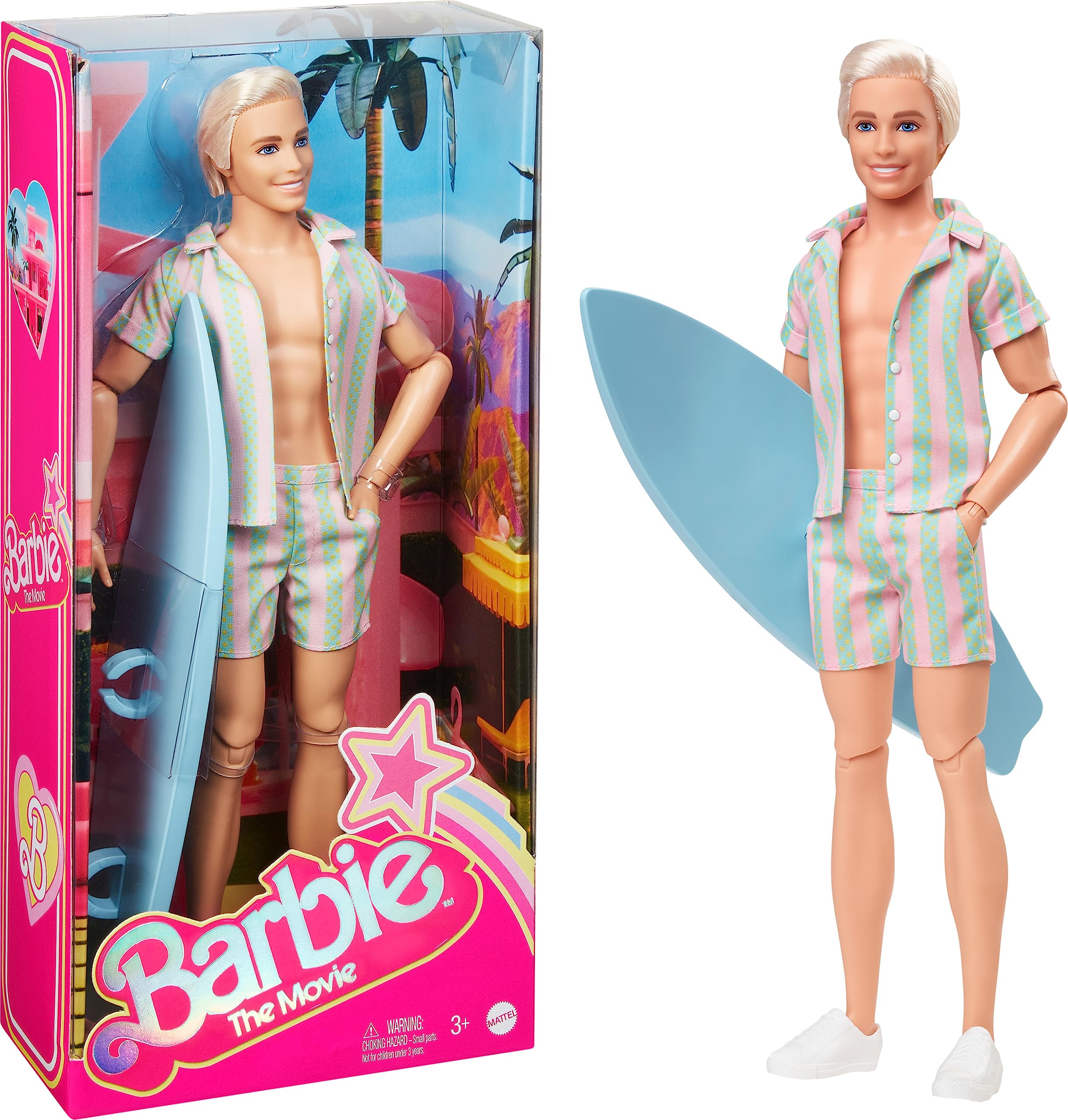 $17.67: Barbie The Movie Ken Doll Wearing Pastel Pink and Green Striped Beach Matching Set with Surfboard and White Sneakers