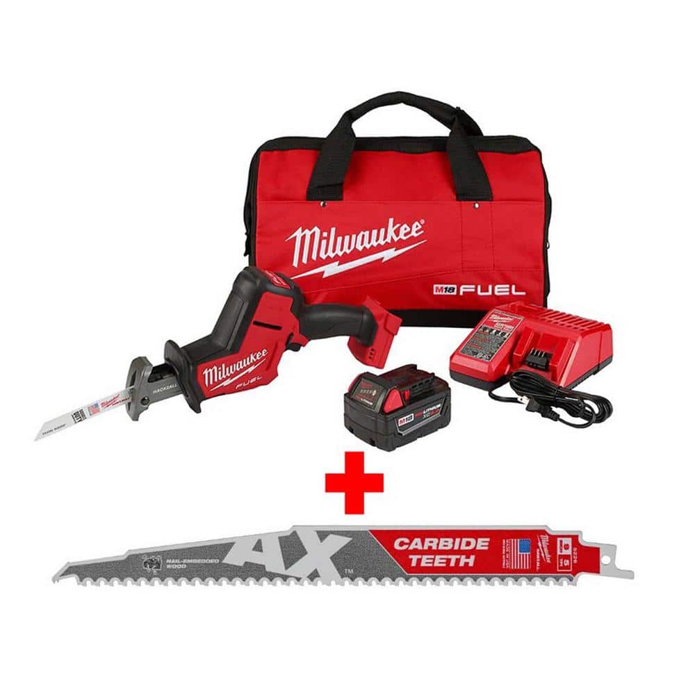 Milwaukee M18 FUEL 18V HACKZALL Reciprocating Saw Kit with Carbide Teeth AX SAWZALL Blade, starter battery kit and free tool, $249