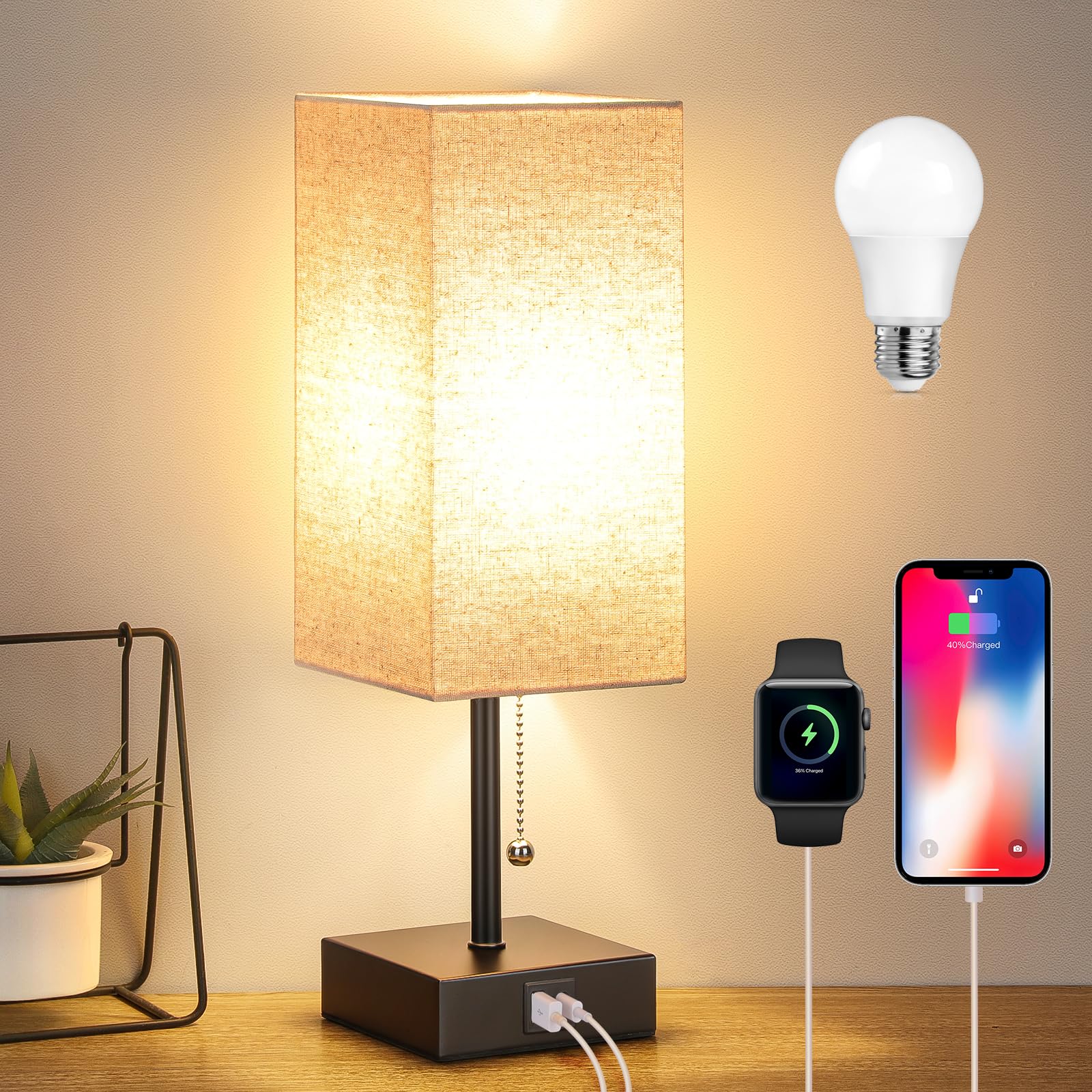 Bedside Table Lamp, Pull Chain Table Lamp with USB C+A Charging Ports $13.51