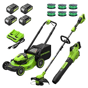 Greenworks 2x24V Lawn Mower, Trimmer, Blower Combo Kit with (4) 4ah Batteries $549.99