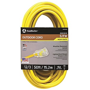 50' Southwire 12/3 SJTW Hi-Visibility Outdoor Extension Cord w/ Power Light Plug $35