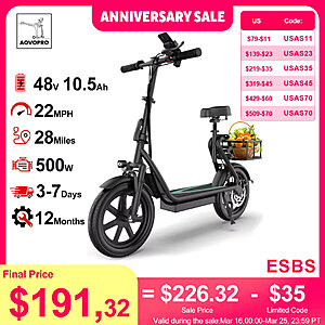 AOVOPRO ESBS Electric Bicycle/scooter $191.32 after coupon
