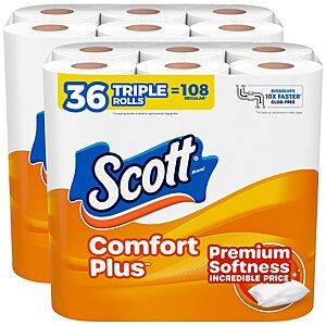$12.58 S&S Clip Q Scott ComfortPlus Toilet Paper, 36 Triple Rolls = 108 Regular, 231 Sheets per Roll