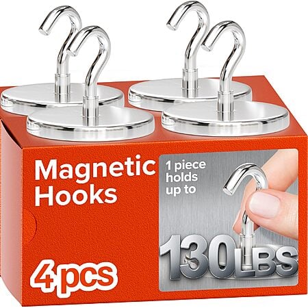 4-Pack Heavy Duty Neodymium Magnetic Hooks (130lbs) $8 & More + FS w/ Prime or orders $35+