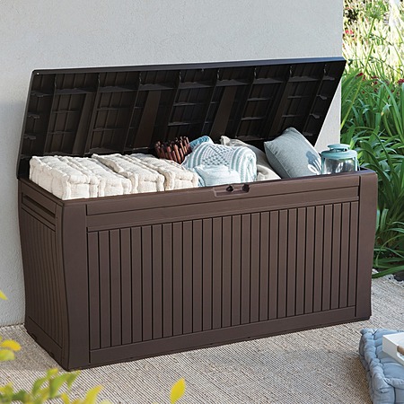 Keter Comfy Durable Outdoor Storage 71-Gallon Brown Plastic Deck Box, $44.99, Lowe's
