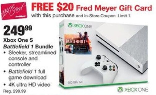 Fred Meyer Black Friday: 500GB Xbox One S Battlefield 1 Bundle + $20 Fred Meyer Gift Card w/ In ...