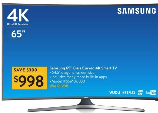 Walmart Black Friday: 65&quot; Samsung 65MU6500 4K Smart Curved TV for $998.00 - 0