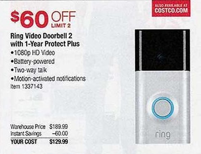 Costco Wholesale Black Friday Ring Video Doorbell 2 W 1 Year Protect Plus For 129 99
