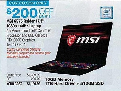 Costco Wholesale Black Friday Msi Ge75 Raider 17 3 Laptop Intel Core I7 9750h 16gb Ram 1tb