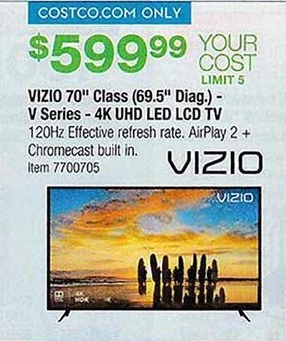 Costco Wholesale Black Friday: 70&quot; Vizio V Series 4K UHD LED LCD TV for $599.99 - 0