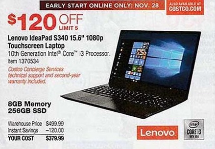 Costco Wholesale Black Friday: Lenovo IdeaPad S340 15.6" Touchscreen Laptop: Intel Core i3-1005G1, 8GB RAM, 256GB SSD, Win 10 for $379.99