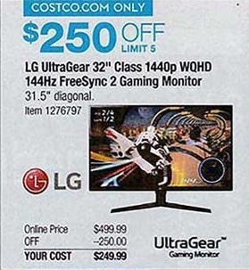 Costco Wholesale Black Friday 32 Lg 32gk850f B Ultragear 1440p Wqhd 144hz Freesync 2 Gaming Monitor For 249 99
