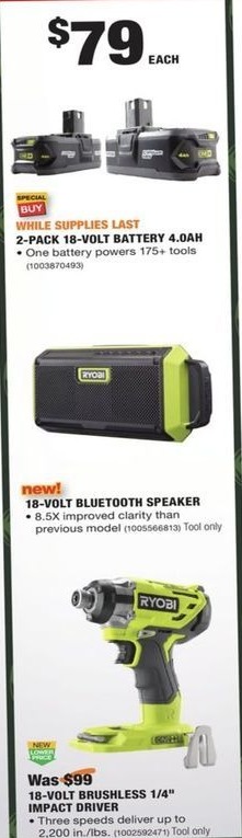 Home Depot Black Friday: Ryobi 18-Volt Brushless 1/4" Impact Driver for $79.00