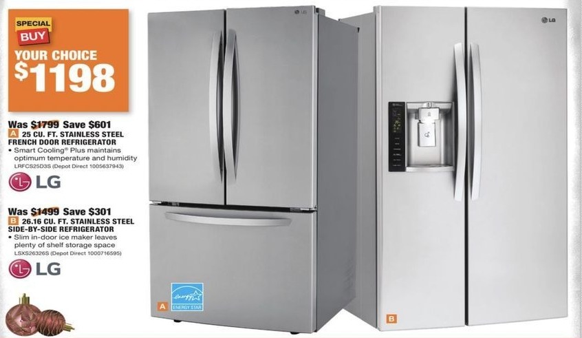 Home Depot Black Friday Lg 25 Cu Ft Stainless Steel French Door Refrigerator Lrfcs25d3s For 1 198 00