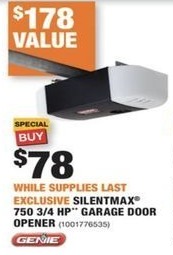 Home Depot Black Friday Genie Silentmax 750 3 4 Hp Garage Door Opener For 78 00