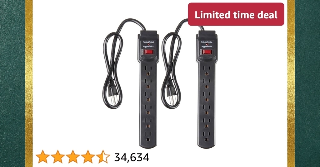 Limited-time deal: Amazon Basics 6-Outlet, 200 Joule Surge Protector Power Strip, Pack of 2, Rectangle, 2 Foot, Black - $10.89