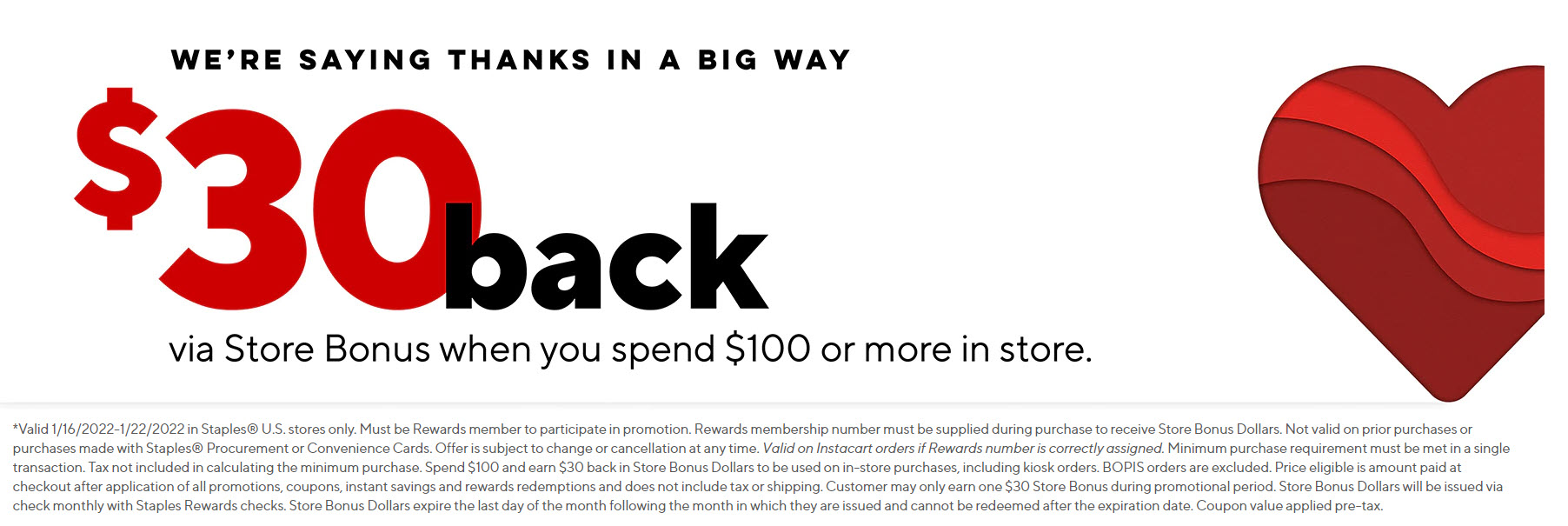 Staples - $30 Back via Store bonus when you spend $100