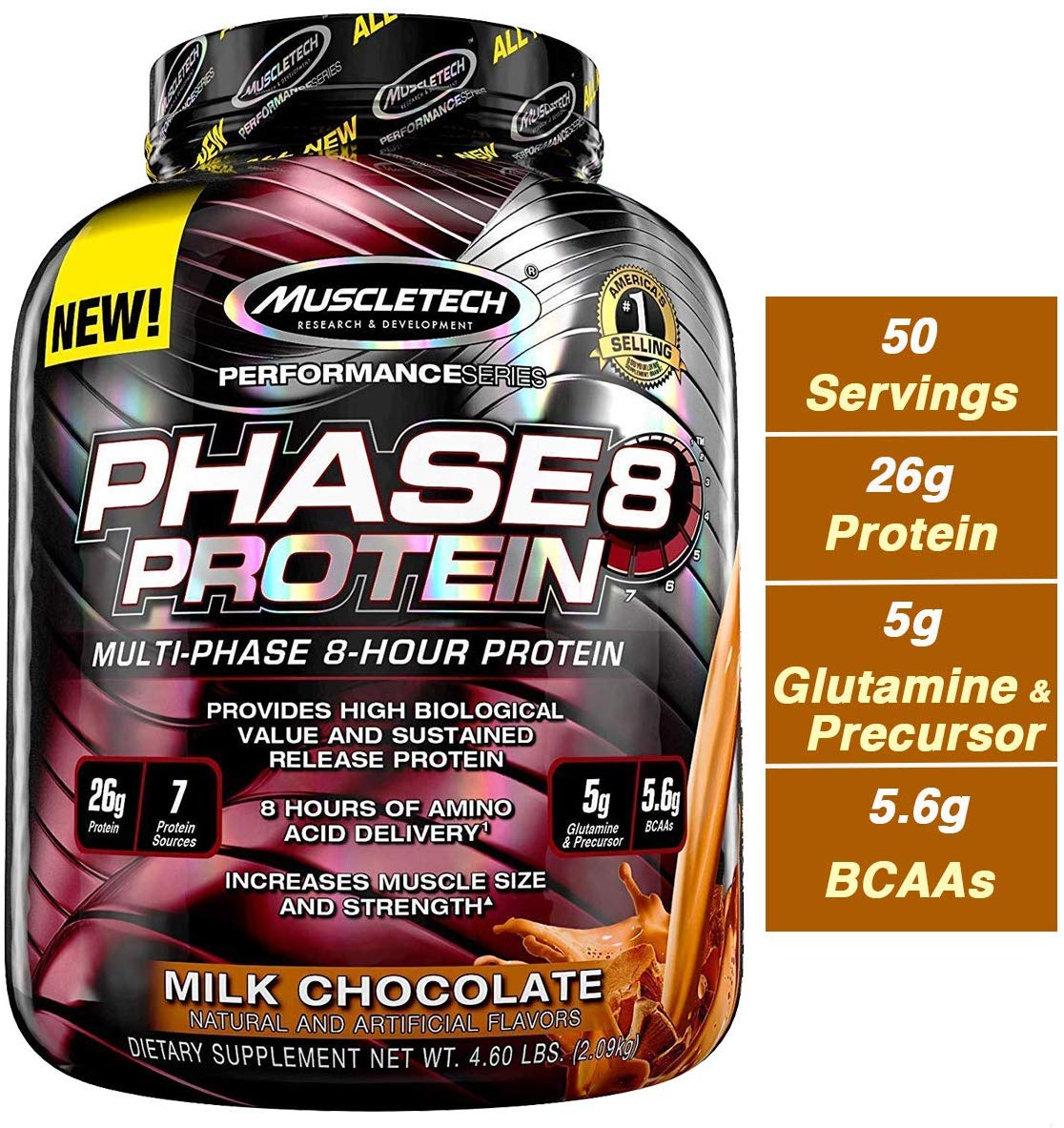 MuscleTech Phase8 Whey Protein Powder Blend, Sustained Release 8-Hour Protein Shake, Milk Chocolate, 4.6 Pound for as low as $23.89 AC & SS @ Amazon