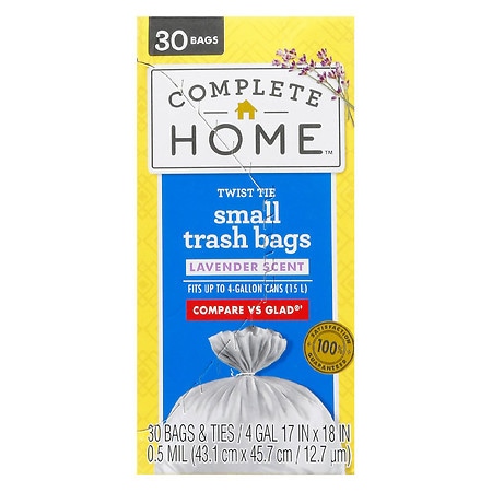 Walgreens-3 qty-Complete Home Twist Tie Trash Bags Lavender Scent 4 Gallon 4 gallon, White White - $4.99