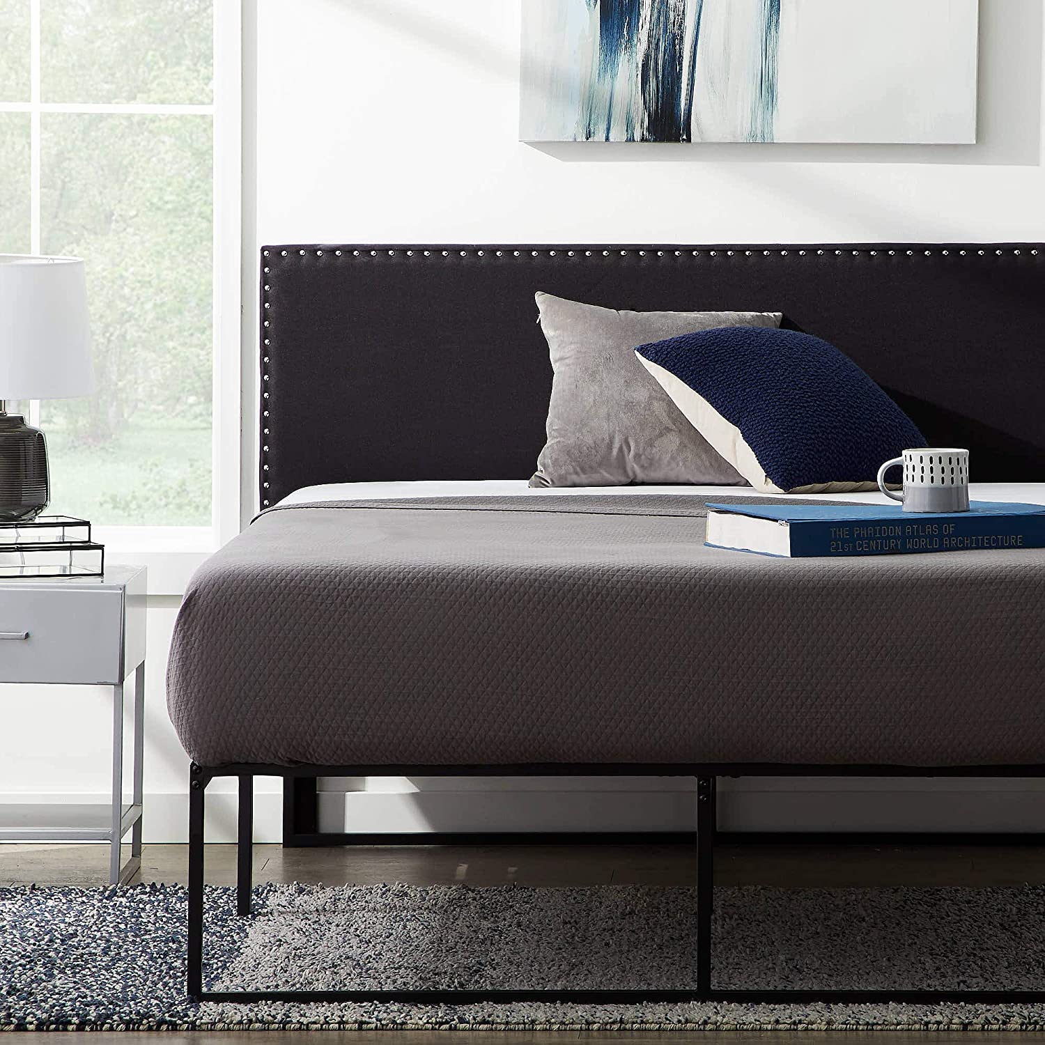 LUCID Upholstered Mid-Rise Headboard with Nailhead Trim Platform $89.99