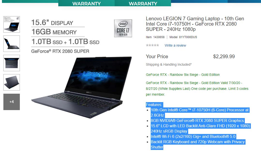 Lenovo Legion 7i $2299