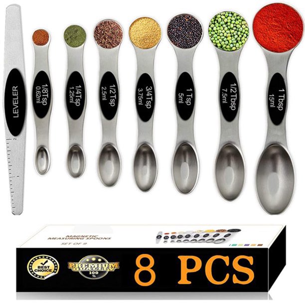 Magnetic Measuring Spoons Set, Dual Sided, Stainless Steel, Fits in Spice Jars, Black, Set of 8