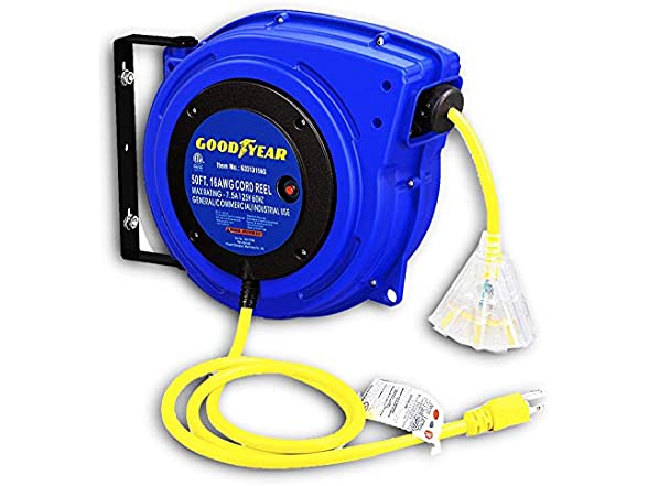 Goodyear Extension Cord Reel Retractable 12AWG x 50' Feet 3C SJTOW Cable  Triple Tap Connector Power Rating 125 Volt AC 13 Amp 1625 Watt Industrial