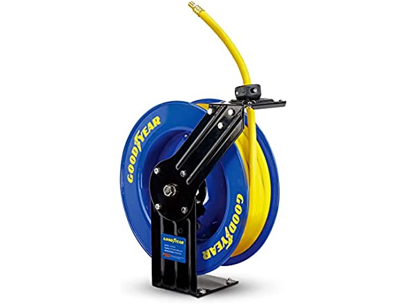 Air Hose Reels: 3/8" x 50' Goodyear SBR Rubber Hose w/ Retractable Heavy Duty Industrial Steel Single Arm Air Hose Reel $103, More + Free Shipping w/ Prime