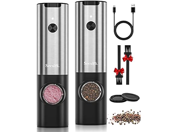 Secura Home: Rechargeable Electric Salt and Pepper Grinder Set $13, Rechargeable Gravity Salt and Pepper Grinder Set $30 + Free Shipping w/ Prime