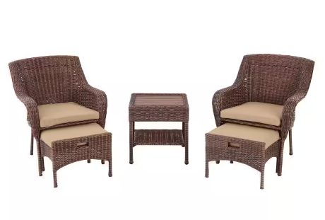 5-Piece Hampton Bay Cambridge Brown Wicker Outdoor Patio Conversation Seating Set w/ Sunbrella Fabric Cushions (Beige) $349 + Free Shipping