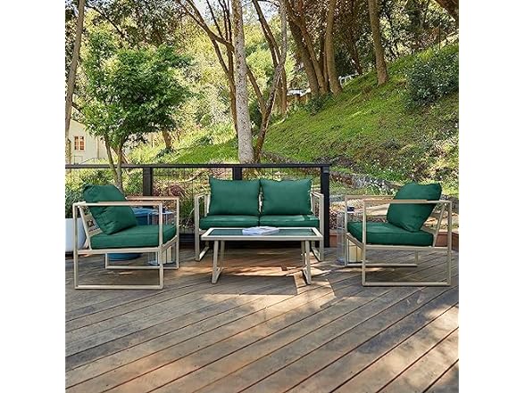 4-Piece East Oak Courtyard Patio Furniture Set w/ Removable Cushions and Tempered Glass Table (Champagne Gold/Jungle Green) $199 + Free Shipping w/ Prime